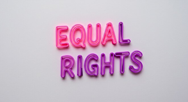 Vibrant neon letters spell out EQUAL RIGHTS in bold pink and purple, symbolizing empowerment and social justice for modern campaigns and awareness initiatives.