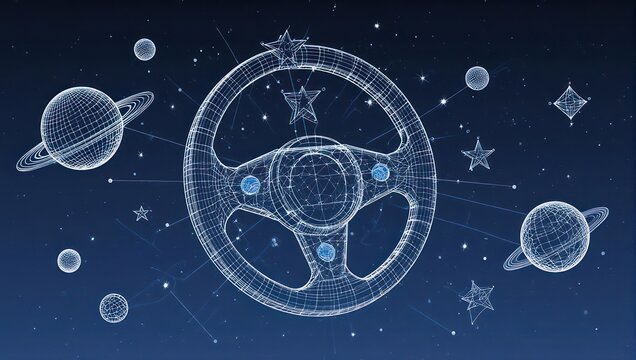 Steering towards the cosmos: Explore a futuristic galaxy concept with planets, stars, and a visionary steering wheel design
