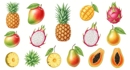 Bright watercolor clip art set featuring 15 tropical fruits like pineapple, mango, dragon fruit, and papaya