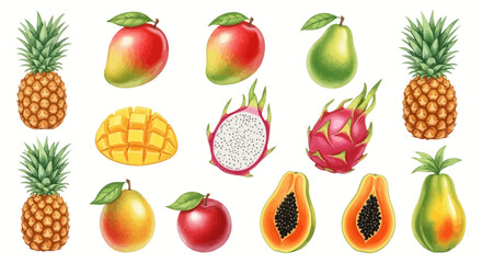 Vibrant Tropical Fruit Watercolor Clipart Set Mango, Pineapple, Dragon Fruit, and More!