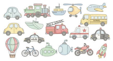 Fototapeta premium Watercolor Collection of Children's Transport Cars, Trains, Planes, and More