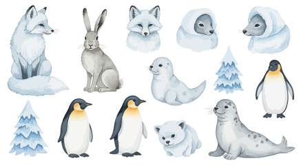 Obraz premium Arctic Animals Collection Watercolor Illustrations of Fox, Hare, Seal, Penguin, and More