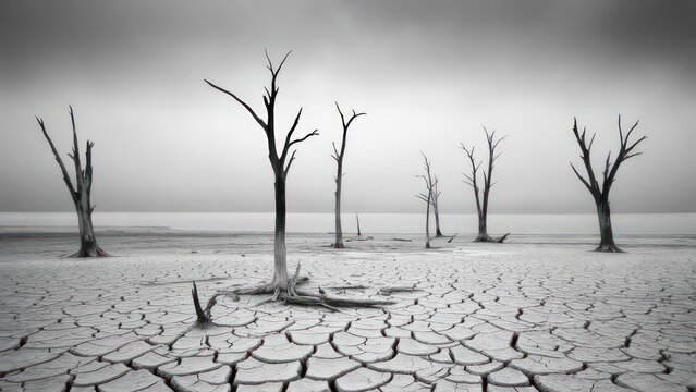 Dramatic black and white landscape with dead trees standing in cracked earth reflecting climate change effects - Powered by Adobe