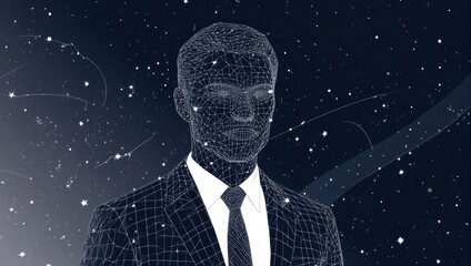 Visionary businessman in a suit against a cosmic starry night backdrop, representing ambition and innovation