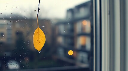 Yellow autumn leaf with raindrop on branch outside rainy window, blurred urban background