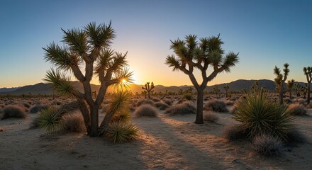Golden sunset paints a serene desert landscape with iconic Joshua trees and soft golden light casting long shadows across the sandy terrain, evoking tranquility and natural beauty.