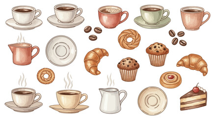 Watercolor Set Coffee, Pastries, and Dessert for a Sweet and Cozy Treat