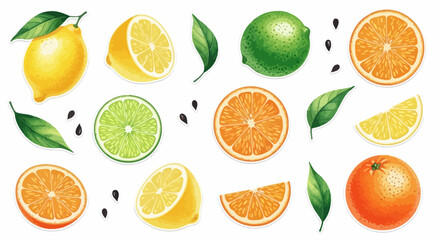 Fototapeta premium Vibrant Watercolor Citrus Collection Lemons, Limes, Oranges, and Leaves for Creative Projects