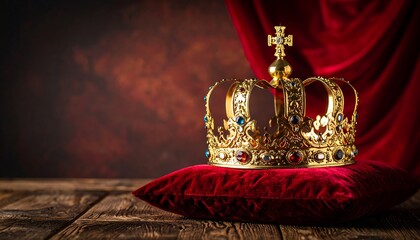 Golden crown on red velvet cushion