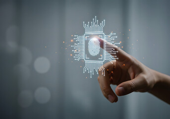 A fingertip interacts with a holographic facial recognition microchip, showcasing advanced biometric technology.