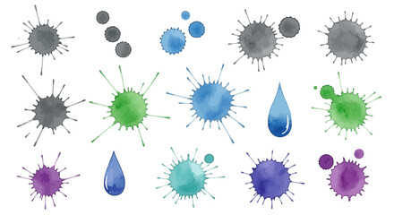 Dynamic collection of abstract watercolor paint splatters and liquid drops on white background