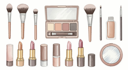Elegant watercolor makeup clip-art set featuring brushes, lipsticks, and palettes in soft neutral tones