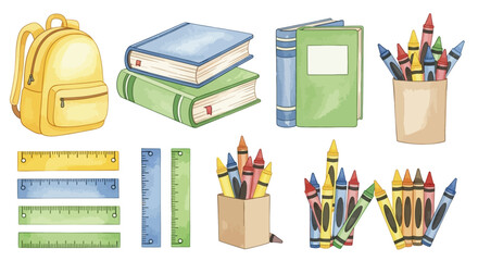 Watercolor clip art set of essential school supplies backpack, books, crayons, and rulers for education