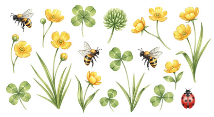Charming Watercolor Spring Meadow Elements Buttercups, Clover, Bees, and Ladybugs