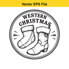 Western christmas illustration with cowboy boots and stocking isolated on white background