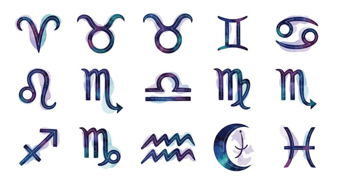 Watercolor Zodiac Symbols Set Abstract Galaxy Art for Celestial Navigation and Astrology