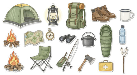Clipart sticker set of camping gear and hiking essentials for outdoor travel and recreation