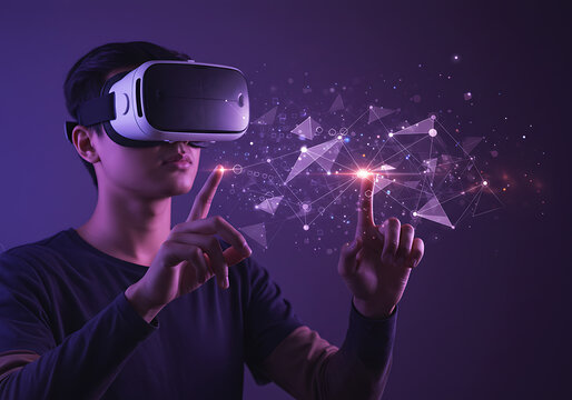 Young man immersed in virtual reality, interacting with a holographic digital network.