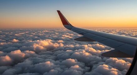 Obraz premium Airplane wing above clouds at sunset
