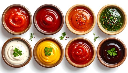 Eight assorted sauces in small bowls