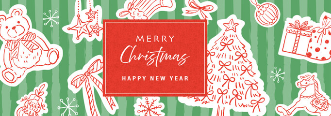 Christmas and new year cute banner template with hand drawn minImal line art. Vector file.

