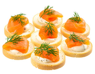 “Gourmet Salmon Canapés with Dill Garnish, isolated on a transparent background”.
