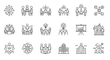 Collection of Abstract Linear Business and Teamwork Icons Representing Concepts and Ideas