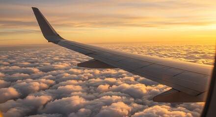 Obraz premium Airplane wing above clouds at sunset