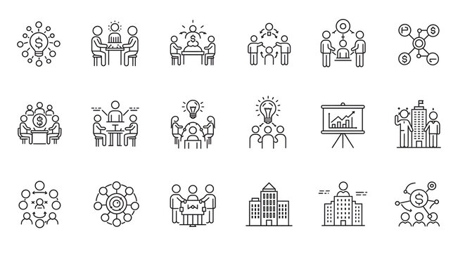 Collection of Abstract Linear Business and Teamwork Icons Representing Concepts and Ideas