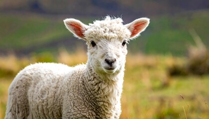 Obraz premium Adorable lamb standing in a field looking at the camera.