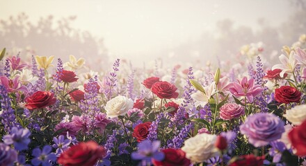 Vibrant bouquet of diverse blooming flowers, roses, lilies, and lavender, bathed in soft, ethereal sunlight creating a romantic, serene atmosphere for any celebration or design project.