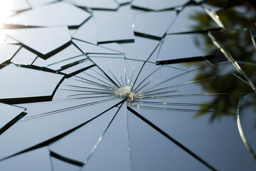 Closeup of shattered mirror fragments reflecting sunlight and green foliage, creating a sharp, abstract pattern