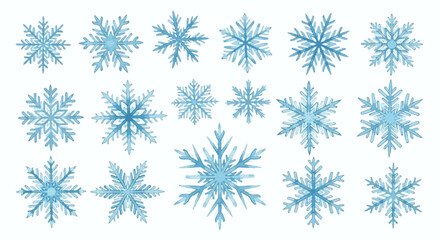 A beautiful collection of eighteen intricate blue crystal snowflakes for winter holiday design