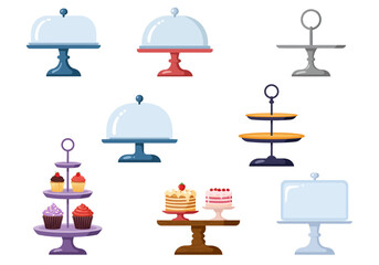 An arrangement of assorted cake stands some with cakes and cupcakes varying in design and color set against a white background © Chico Store