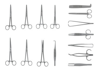 An arrangement of medical instruments hemostats retractors and forceps