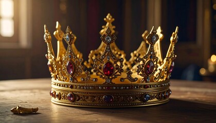 Golden crown on wooden table