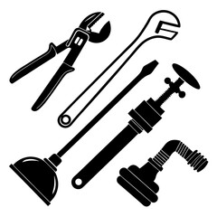 Plumbing Tools and Plunger Silhouettes wrench pliers