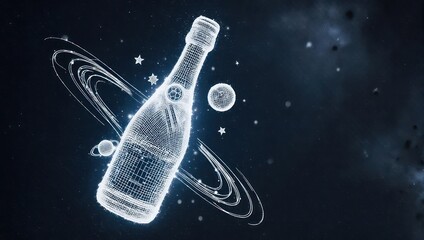 Celebrate with sparkling champagne in a futuristic cosmic space, ideal for luxury events, parties, and New Year's promotions
