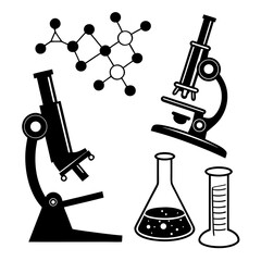 Science Lab Equipment And Molecular Diagrams In Black Silhouette Keywords: science, laboratory