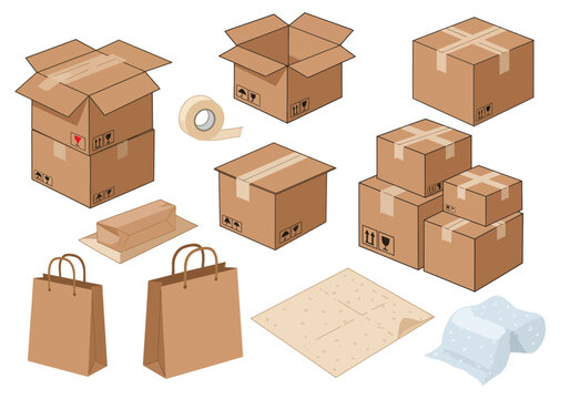 An assortment of packing materials including boxes tape bags wrapping paper and bubble wrap arranged on a white background