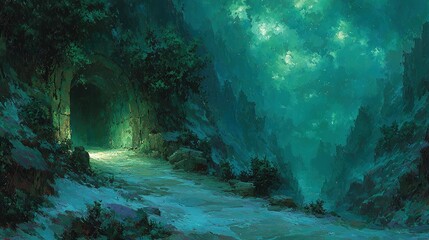 Dark cave entrance with glowing light and foliage fantasy landscape scene.