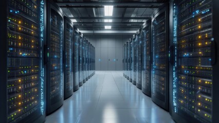 Modern data center with rows of servers glowing, symbolizing technology, cloud computing, and secure data storage
