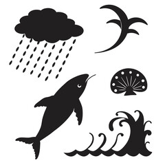 Silhouette collection of weather and sea elements cloud