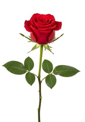 A single red rose with green leaves isolated on white background