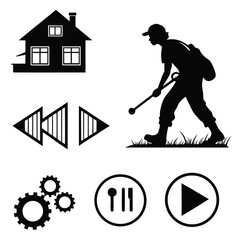 Silhouette icons of a hiker, house, gears, play button and rewind arrows Keywords: icon, hiker