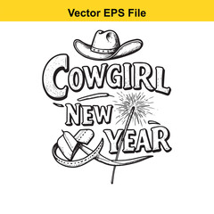 Cowgirl new year text with cowboy hat and sparkler isolated on white background