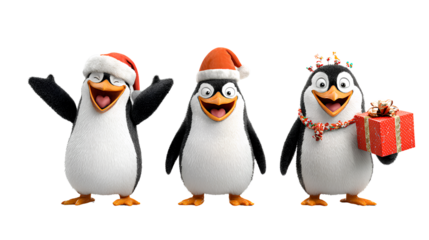 Christmas Penguin Collection with Santa Hat, Gift Box, and Joyful Expressions isolated on transparent background