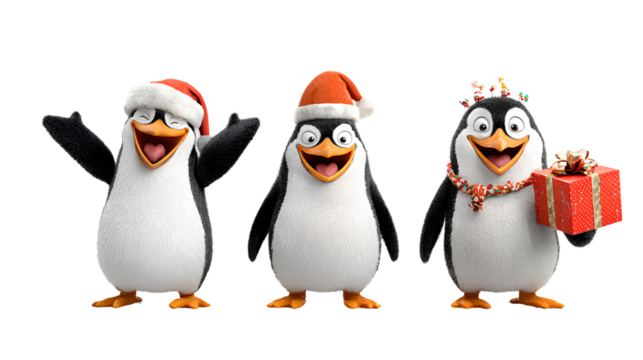 Christmas Penguin Collection with Santa Hat, Gift Box, and Joyful Expressions isolated on transparent background