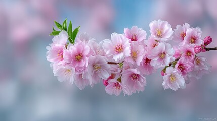 Fototapeta premium Close Up Pink Cherry Blossom Flowers Blooming on Branch with Water Droplets Against Blurred Blue Sky Nature Springtime Beauty