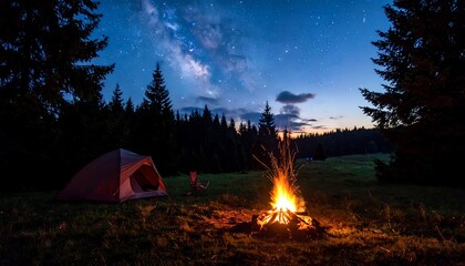 Campfire under starry night sky